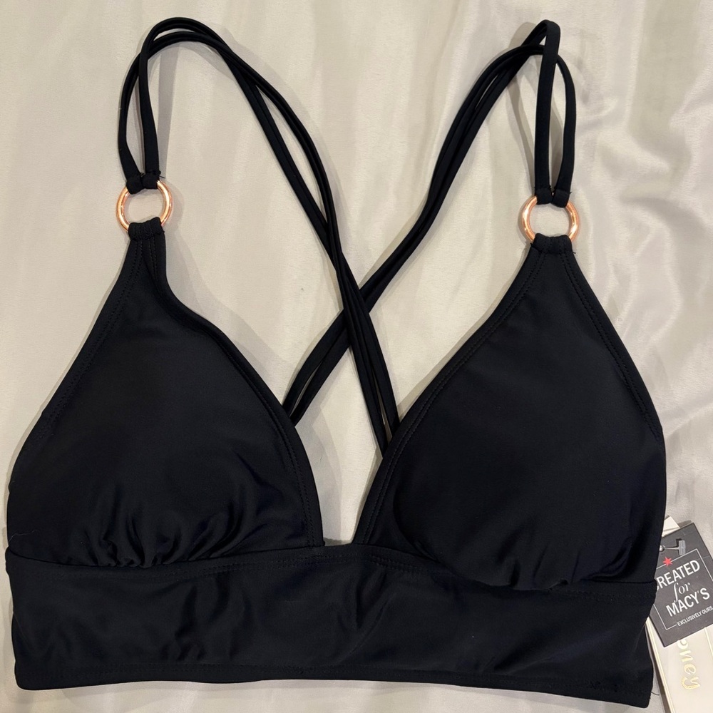 Hula Honey Black Strappy Triangle Bikini Top with Gold Rings